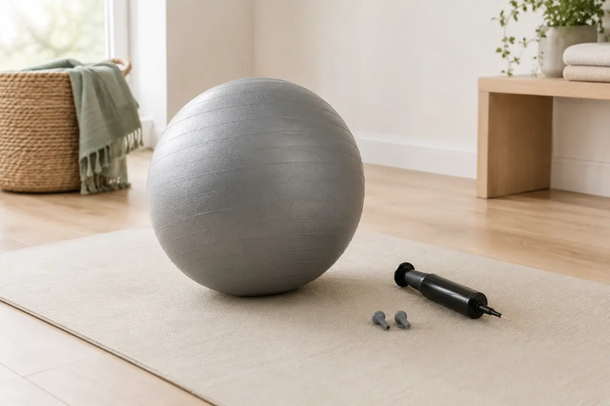 Ballon de Pilates gris compact posé sur un tapis écru dans un studio lumineux