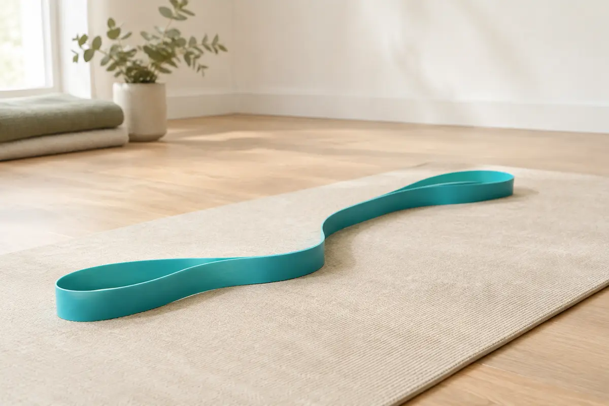 Bande élastique plate turquoise disposée en courbe sur un tapis écru dans un studio lumineux