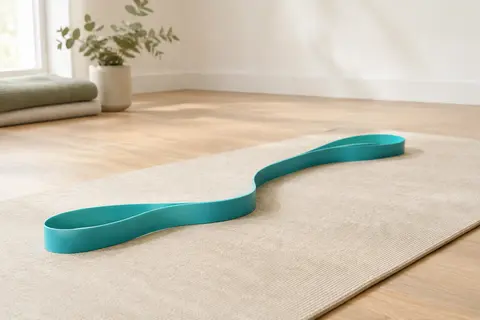 Bande élastique plate turquoise disposée en courbe sur un tapis écru dans un studio lumineux