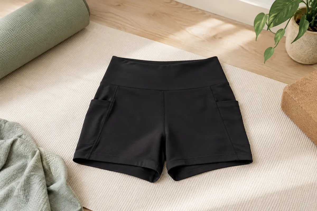 Short de yoga noir à taille haute et poches latérales, posé sur un tapis écru dans un studio lumineux.