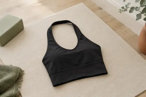 Brassière de sport noire à col licou et dos ouvert disposée sur un tapis dans un studio lumineux