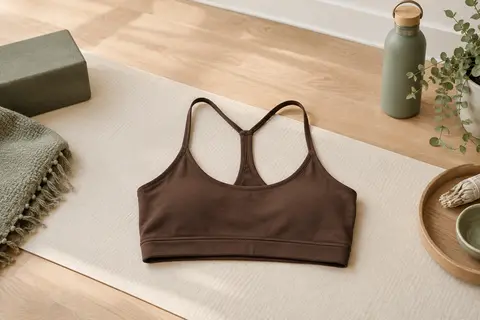 Brassière de yoga brune à fines bretelles en Y, posée sur un tapis écru dans un studio lumineux.