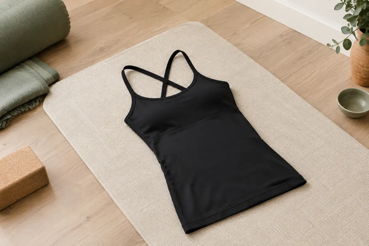 Brassière longue noire à fines bretelles et dos croisé, posée sur un tapis dans un studio lumineux
