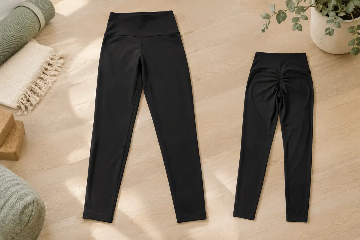 Legging de yoga noir à taille haute avec fronces au dos, posé dans un studio lumineux au sol de bois