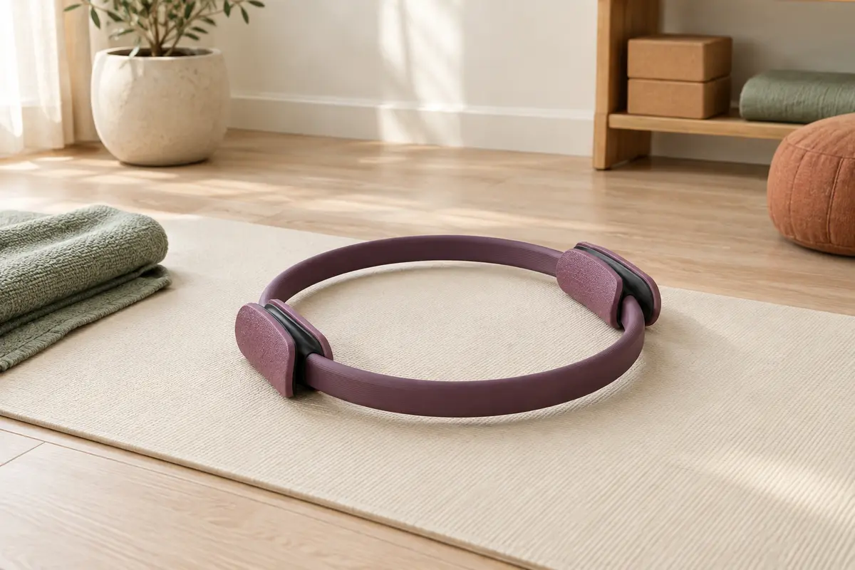 Cercle de Pilates aubergine à double poignée posé sur un tapis écru dans un studio lumineux