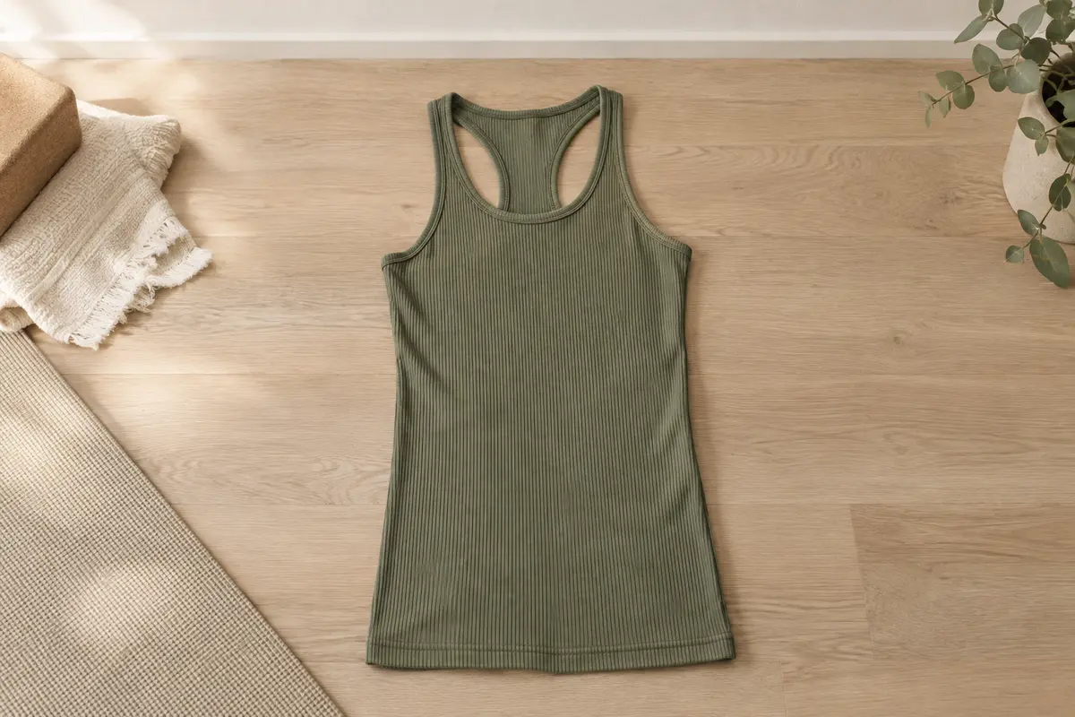 Débardeur côtelé vert olive à coupe longue et dos nageur, présenté à plat dans un studio lumineux.