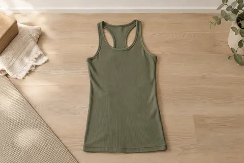 Débardeur côtelé vert olive à coupe longue et dos nageur, présenté à plat dans un studio lumineux.