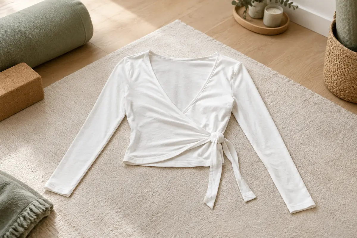 Haut blanc cache-cœur à manches longues et décolleté en V, posé dans un studio de yoga lumineux.