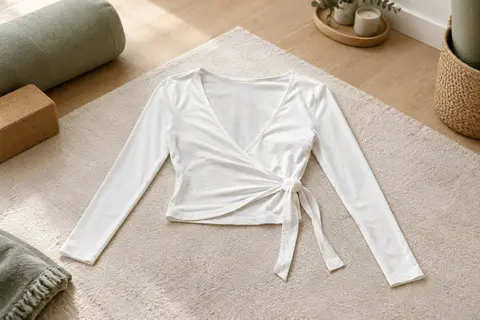 Haut blanc cache-cœur à manches longues et décolleté en V, posé dans un studio de yoga lumineux.