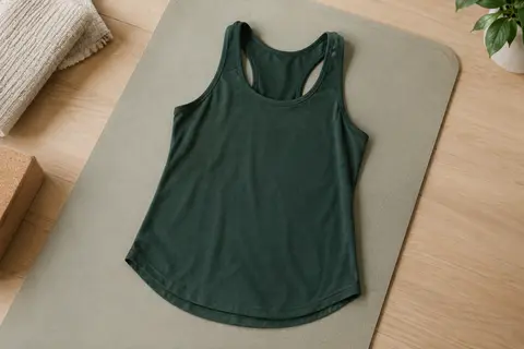 Débardeur de sport vert foncé à bretelles en maille, encolure ronde et ourlet incurvé posé dans un studio clair.