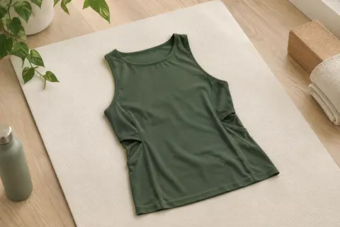 Débardeur de sport vert foncé sans manches posé sur un tapis écru dans un studio lumineux