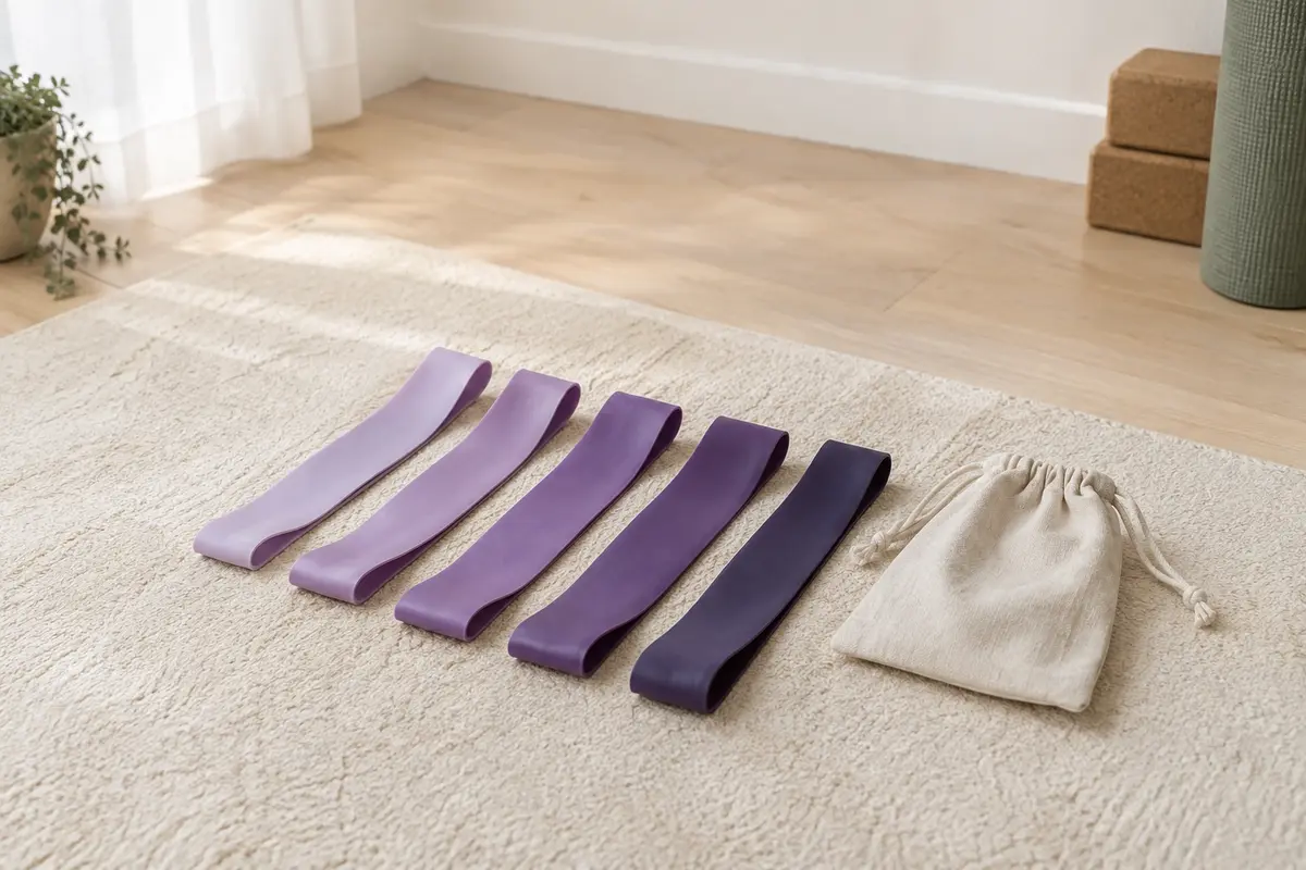 Cinq bandes élastiques violettes en boucle et leur sac de rangement posés sur un tapis dans un studio lumineux.