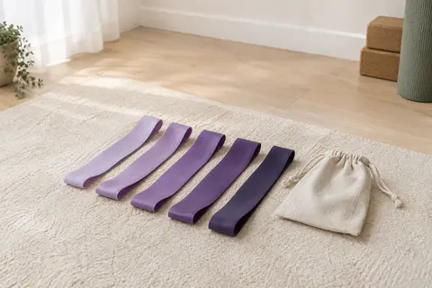 Cinq bandes élastiques violettes en boucle et leur sac de rangement posés sur un tapis dans un studio lumineux.