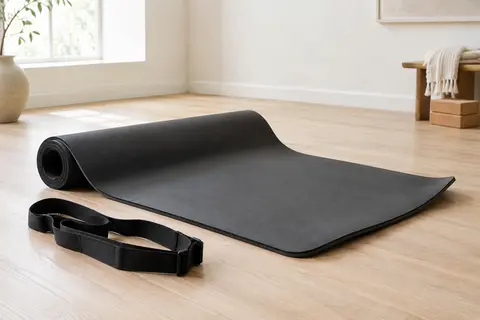Tapis de sport noir épais déroulé sur un sol en bois clair, avec sa sangle de transport à côté.