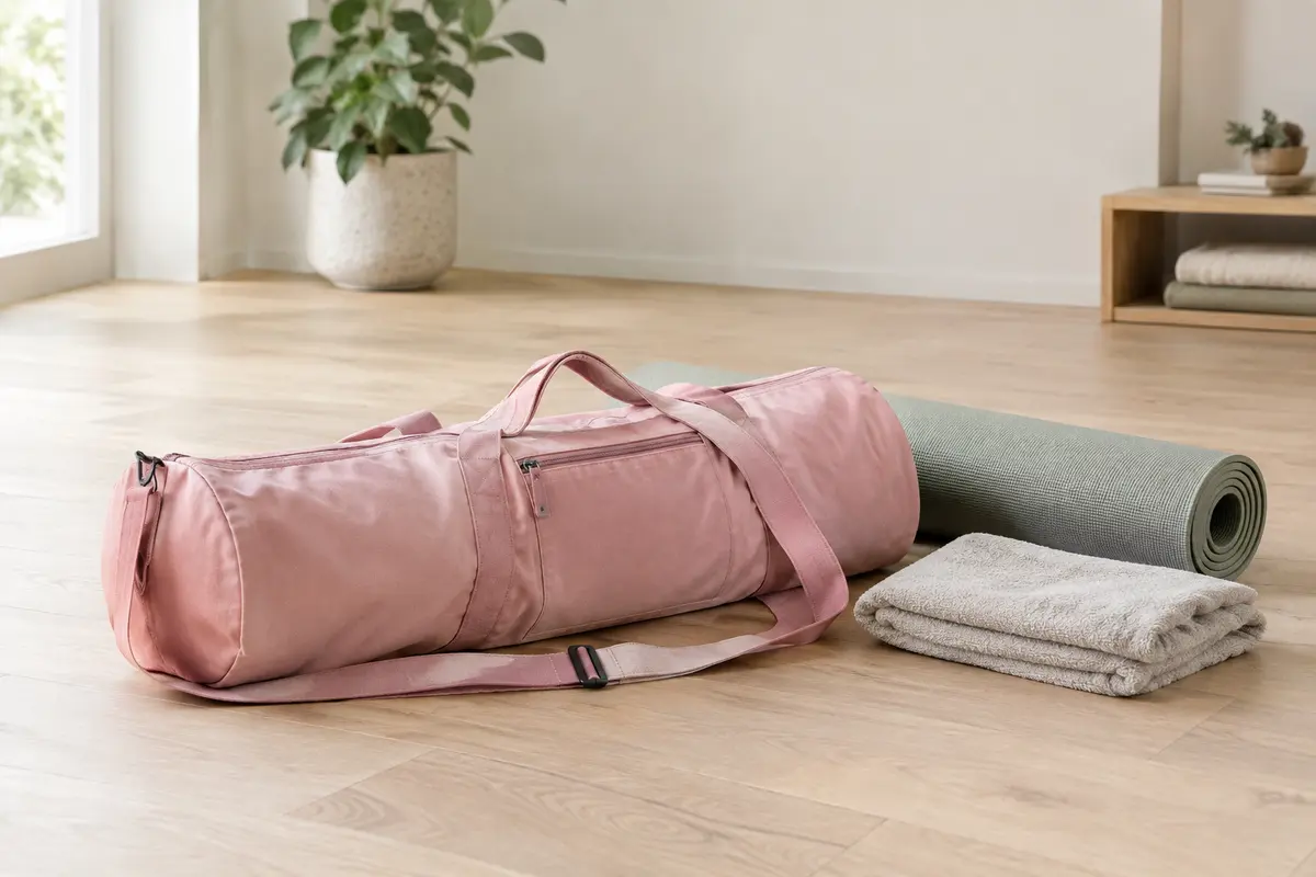 Sac de tapis de yoga rose avec poignées et sangle, posé près d’un tapis roulé dans un studio lumineux.