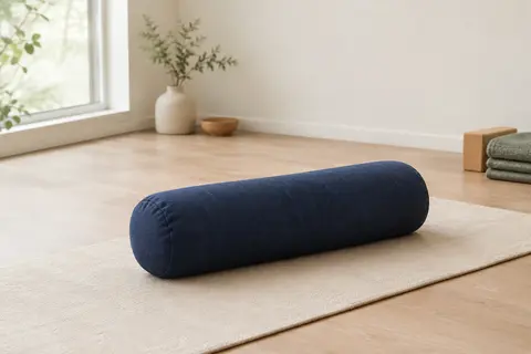 Bolster de yoga Paravati en coton bleu marine posé sur un tapis dans un studio lumineux.