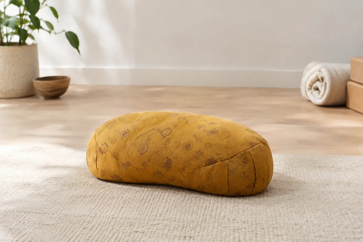 Coussin de méditation demi-lune en coton jaune indien posé sur un tapis dans un studio lumineux