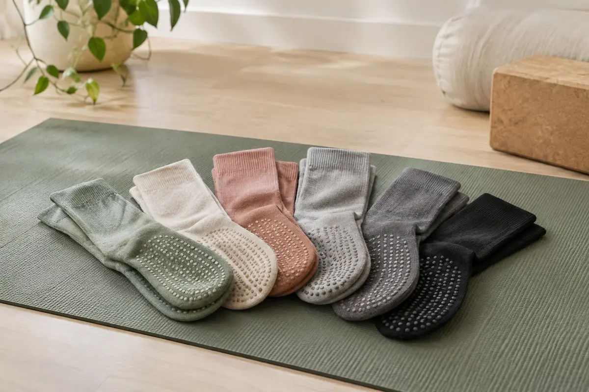 Six paires de chaussettes de Pilates en coton, avec picots antidérapants visibles sur les semelles
