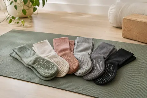 Six paires de chaussettes de Pilates en coton, avec picots antidérapants visibles sur les semelles