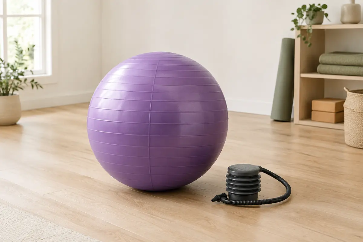 Ballon de Pilates violet à surface texturée posé sur un sol en bois clair avec son gonfleur à pied