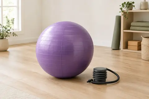 Ballon de Pilates violet à surface texturée posé sur un sol en bois clair avec son gonfleur à pied