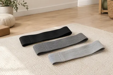 Trois bandes élastiques textiles de résistances différentes disposées sur un tapis dans un studio lumineux.