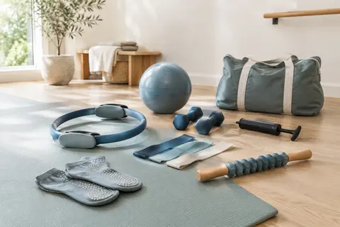 Kit Pilates bleu avec anneau, mini-ballon, bandes de résistance et accessoires rangés sur un sol en bois clair