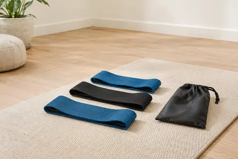 Trois bandes de résistance en tissu bleu et noir posées avec leur sac sur un tapis écru.