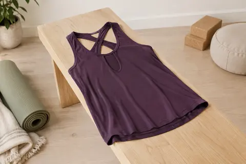 Débardeur de sport violet foncé à coupe ample, présenté de dos pour montrer ses bretelles croisées ouvertes.