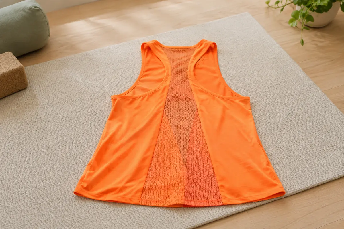 Débardeur de yoga ample orange fluo présenté dos ouvert, avec un empiècement en maille respirante.