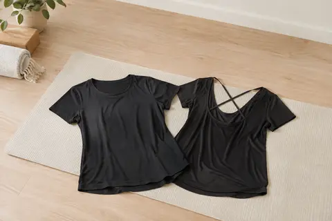 T-shirt de sport noir à manches courtes et dos nu croisé, posé sur un tapis dans un studio lumineux.