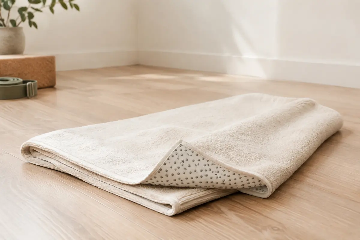Serviette de yoga crème en microfibre, pliée pour montrer son dessous à picots antidérapants.