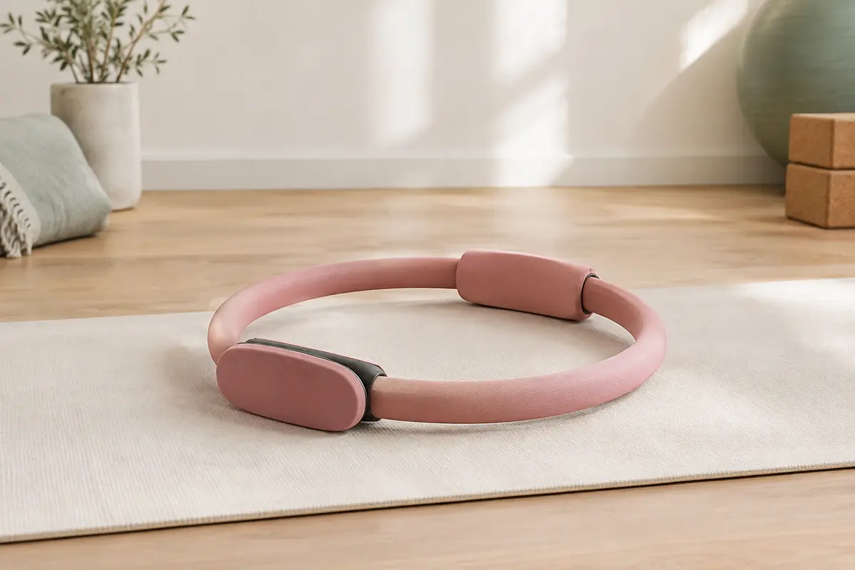 Anneau Pilates rose avec poignées, posé sur un tapis écru dans un studio lumineux au sol en bois clair.