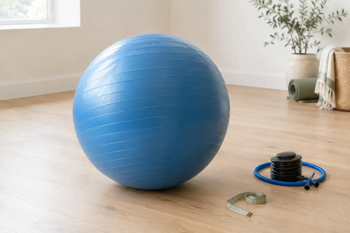 Ballon de fitness bleu en PVC texturé posé sur un sol en bois clair, avec sa pompe à pied.