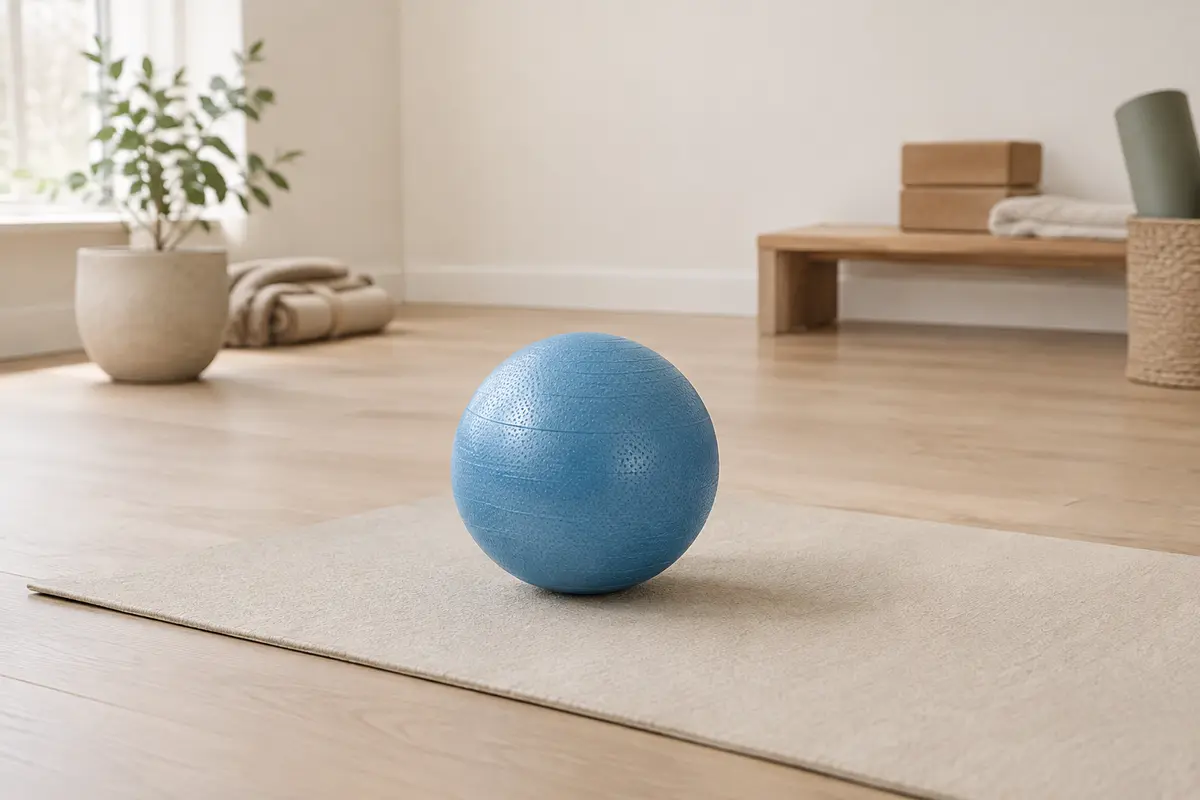 Petit ballon de Pilates bleu à surface texturée posé sur un tapis écru dans un studio lumineux