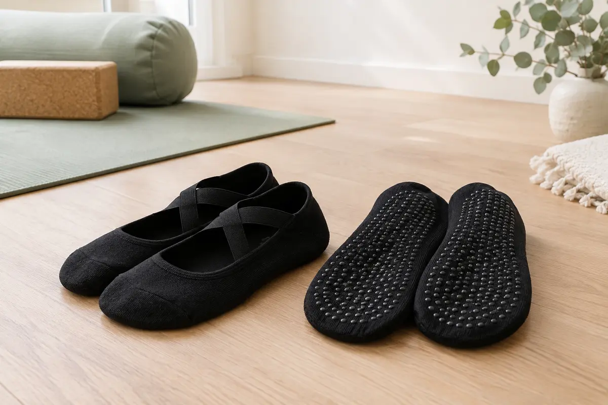 Deux paires de chaussettes noires de yoga à brides croisées, avec picots en silicone sous la semelle