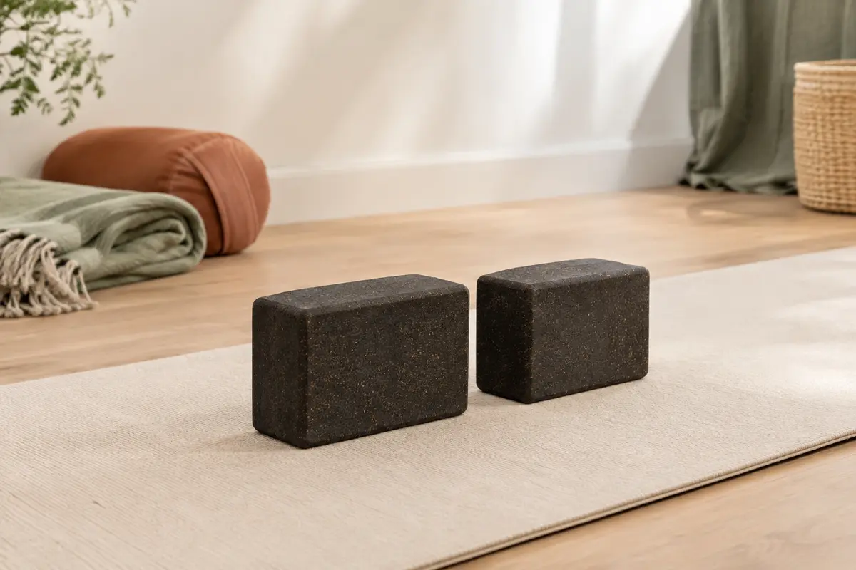 Deux briques de yoga noires en liège posées côte à côte sur un tapis dans un studio lumineux.