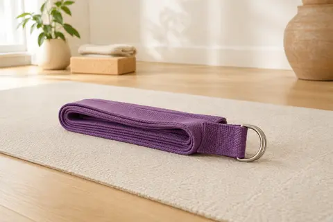 Sangle de yoga violette en textile tissé avec boucle métallique en D, posée sur un tapis clair