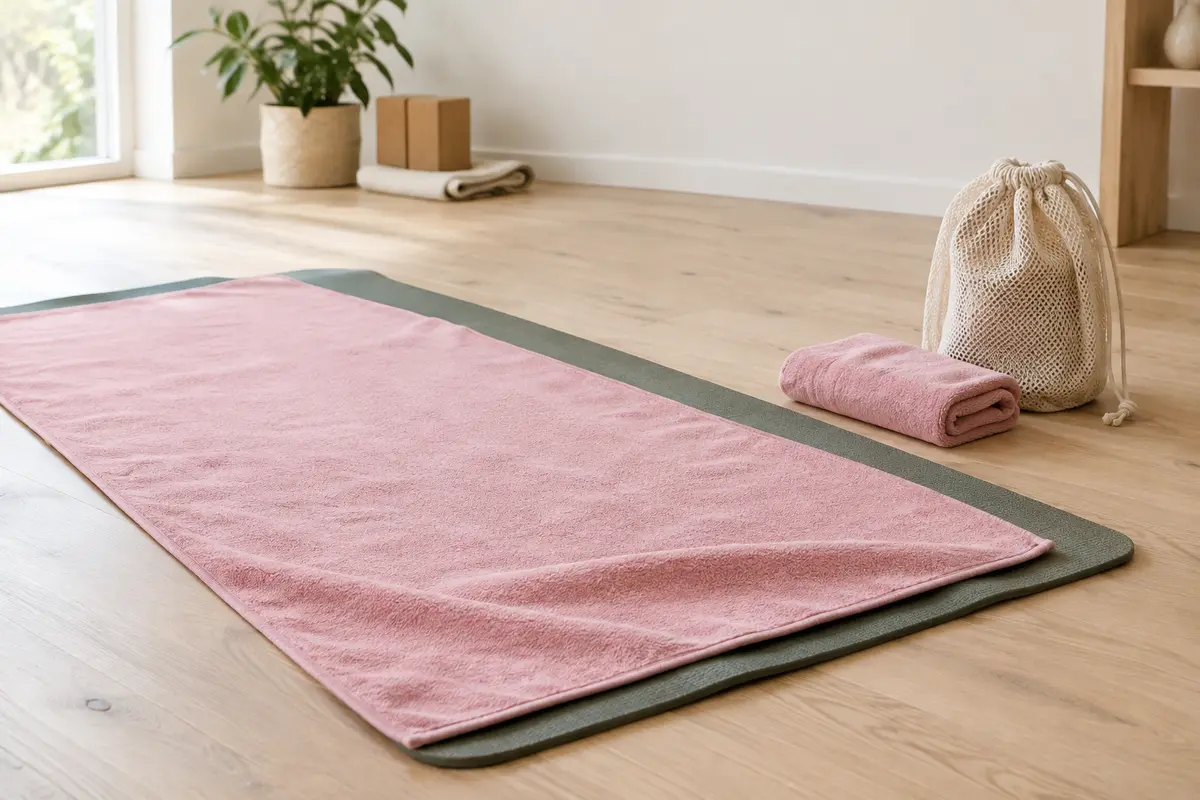 Serviette de yoga rose en microfibre posée sur un tapis, avec une serviette rafraîchissante et un sac filet