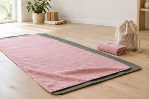 Serviette de yoga rose en microfibre posée sur un tapis, avec une serviette rafraîchissante et un sac filet