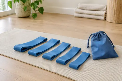 Cinq bandes de résistance bleues en boucle et leur sac de transport sur un tapis écru