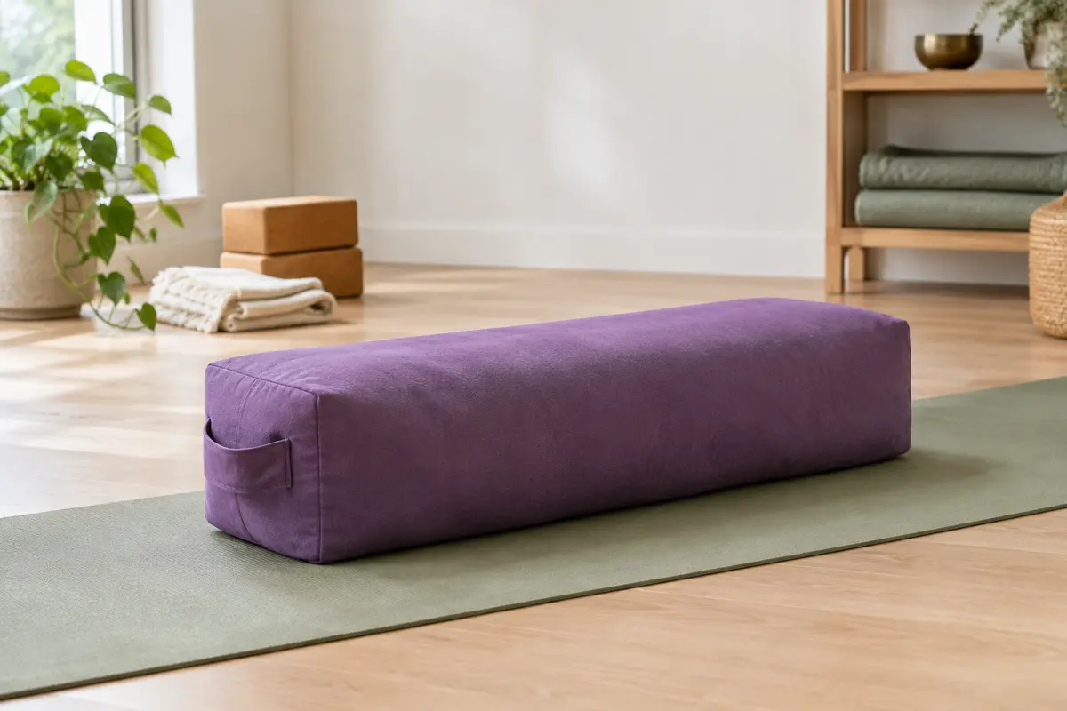 Traversin de yoga rectangulaire violet avec poignée intégrée, posé sur un tapis dans un studio lumineux.