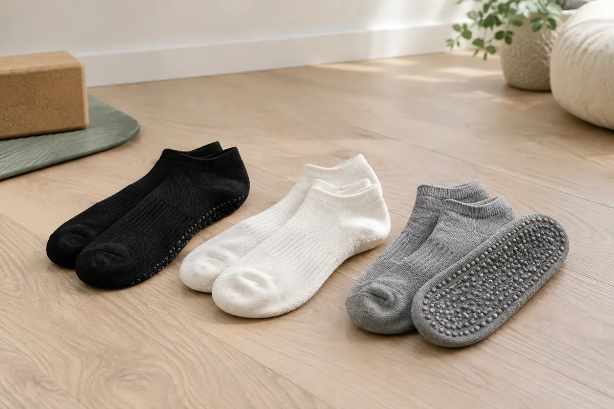 Trois paires de chaussettes de yoga noires, blanches et grises, avec leurs semelles à picots visibles