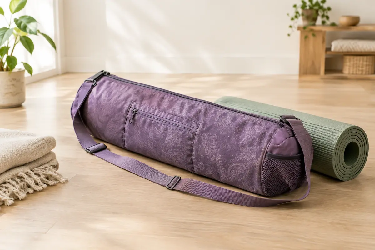 Sac violet pour tapis de yoga à fermeture intégrale, posé près d’un tapis roulé dans un studio lumineux.