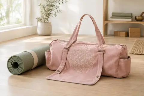 Sac de yoga Gonex en toile rose à motif Mandala, avec ouverture frontale et poches latérales.