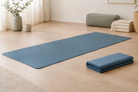 Tapis de yoga bleu en TPE, déplié et replié sur un sol en bois clair