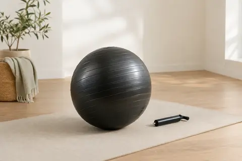 Ballon d’exercice compact noir à lignes antidérapantes posé sur un tapis écru dans un studio lumineux