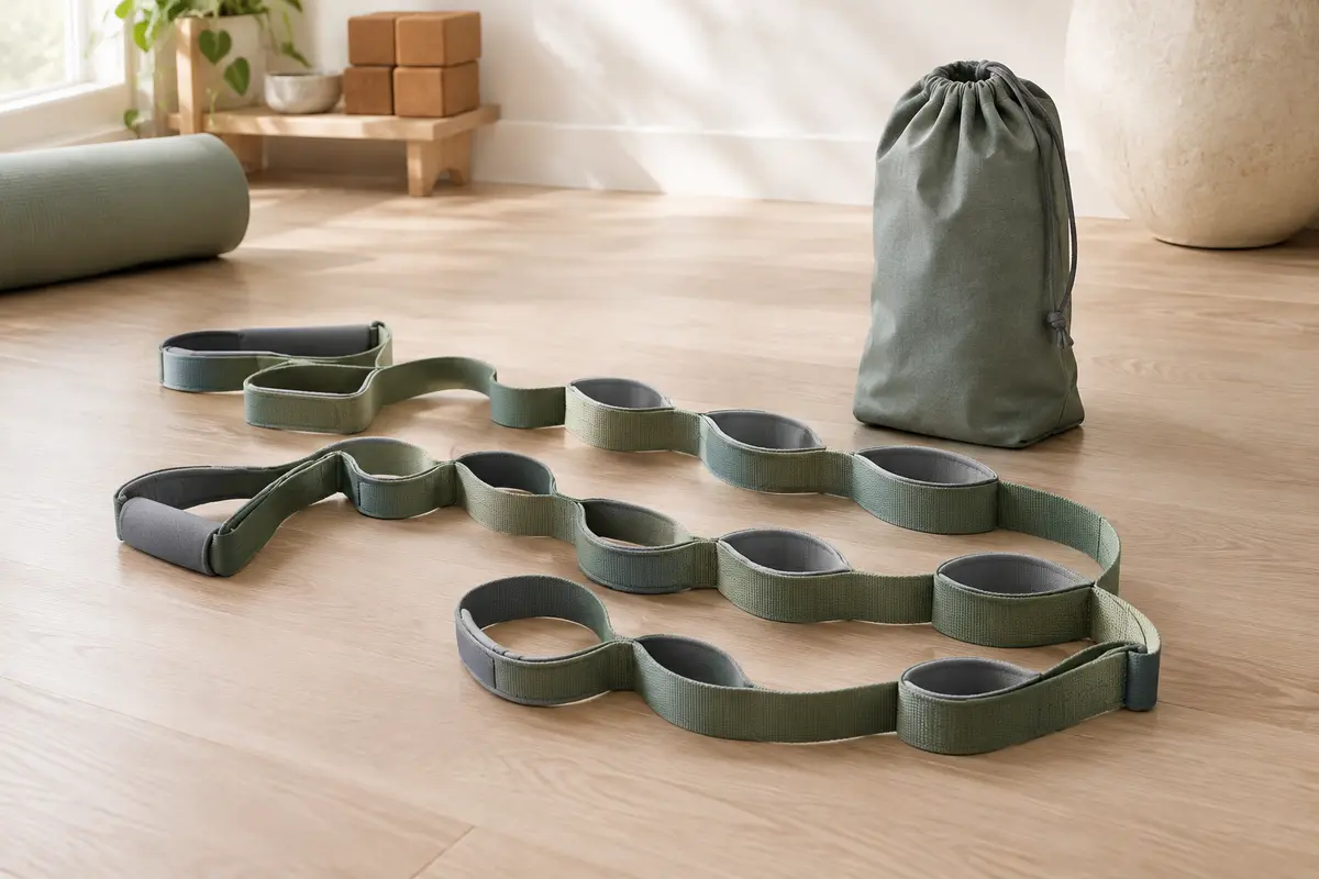 Sangle d’étirement de yoga verte et grise à douze boucles, disposée près de son sac de rangement