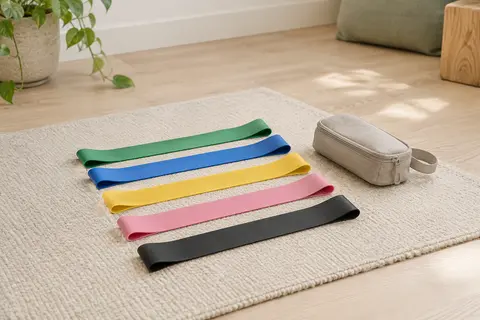 Cinq bandes élastiques en boucle vertes, bleues, jaunes, roses et noires posées près de leur étui