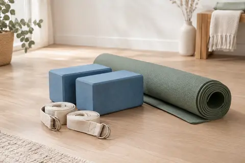 Deux blocs de yoga bleus, deux sangles extensibles et un tapis disposés dans un studio lumineux.